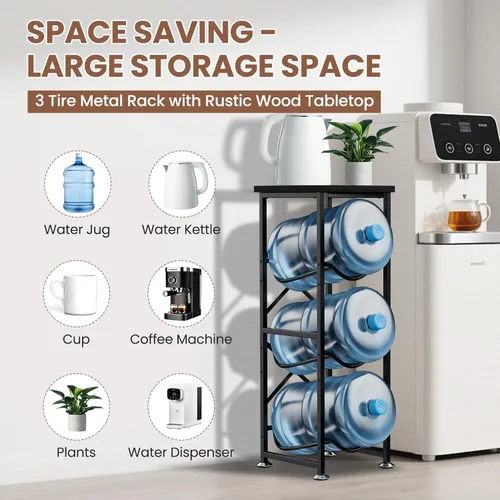 Miniatura 5 de 5 Gallon Water Jug Holder, 3-Tier Water Bottle Holder with Wood Top Shelf, Heavy Duty Water Cooler Jug Rack, Storage Stand for Kitchen Office and