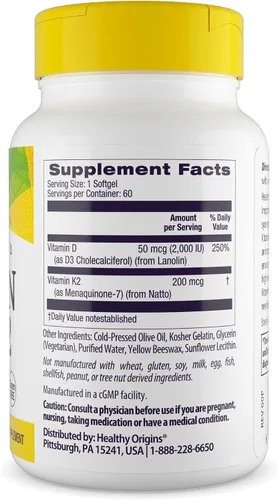 Miniatura 2 de Healthy Origins Vitamina D3 y K2 – Vitamina D3, 50 mcg – Vitamina K2, 200 mcg – Suplementos de vitamina D y vitamina K fácilmente absorbibles