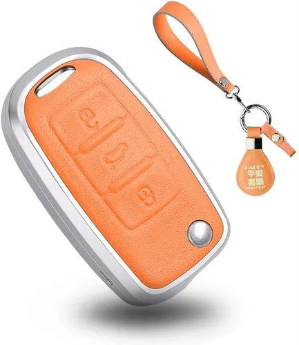Miniatura 9 de SANRILY Marco de metal plateado y funda para llavero de cuero genuino para VW Tiguan Jetta MK1-MK6 Passat Golf GTI Beetle sin llave de protección