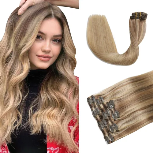 Miniatura 22 de XDhair Extensiones de cabello humano Remy con pinzas, color marrón medio #4, mezclado con rubio caramelo #27, 3.53 oz, 6