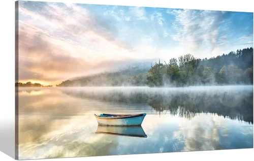 Lienzo de arte para pared de paisaje de lago: pintura moderna de naturaleza relajante escena de barco fotografía amanecer impresión arte decoración