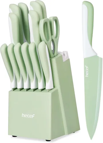 hecef Juego de cuchillos de cocina de 15 piezas con bloque de madera con afilador integrado, apto para lavavajillas, juego de cuchillos de acero