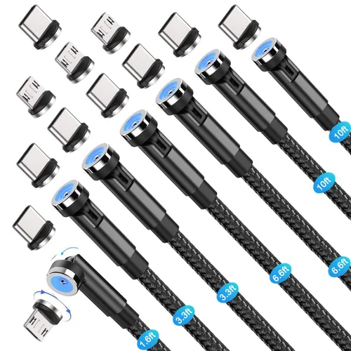 Cable de carga magnético 3 en 1 de rotación de 540° (paquete de 7, 1.6 pies/3.3 pies/6.6 pies/6.6 pies/10 pies/10 pies), cargador de teléfono