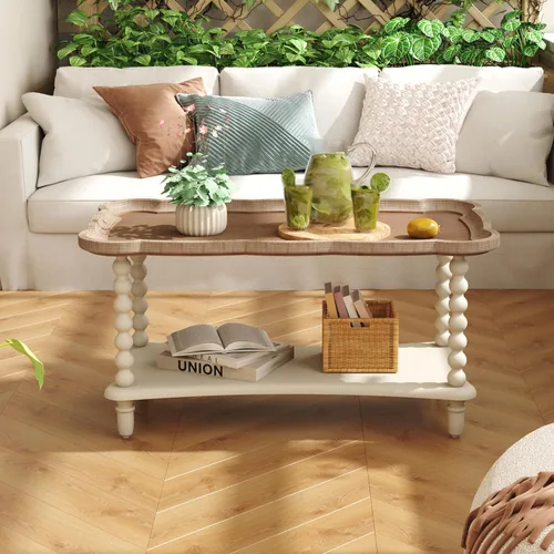Miniatura 5 de Function Home - Mesa de centro de granja, mesa rústica blanca de estilo francés con estante de almacenamiento, mesas de centro de madera para sala