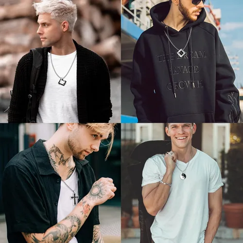 Miniatura 6 de FIASASO Juego de 12 collares con dije de acero inoxidable para hombre, collar gótico genial, cruz gótica, placa de perro Yin Yang, triangular, juego