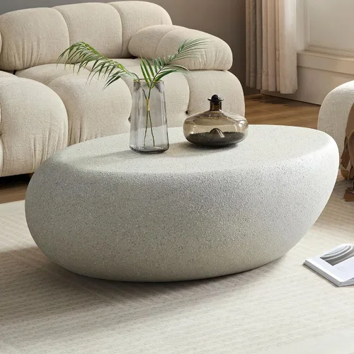 Miniatura 14 de Ø35.43'' Mesa de café redonda para sala de estar, moderna mesa de café en forma de tambor, material de fibra de vidrio, sin ensamblaje, beige