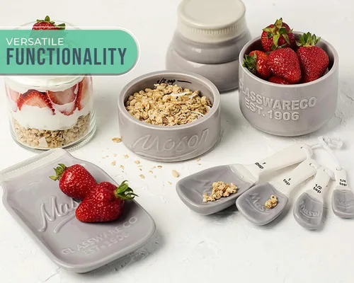 Miniatura 6 de Comfify Mason Jar Menaje de Cocina – 4 Tazas Medidoras, 4 Cucharas, Apoya Cucharas – Cerámica Vintage en Gris