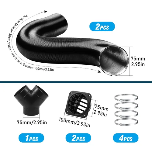 Miniatura 2 de 75mm Tubo de conducto para calentador automático, kit de salida de aire caliente con ramal en Y de 9 piezas, manguera de ventilación para calentador