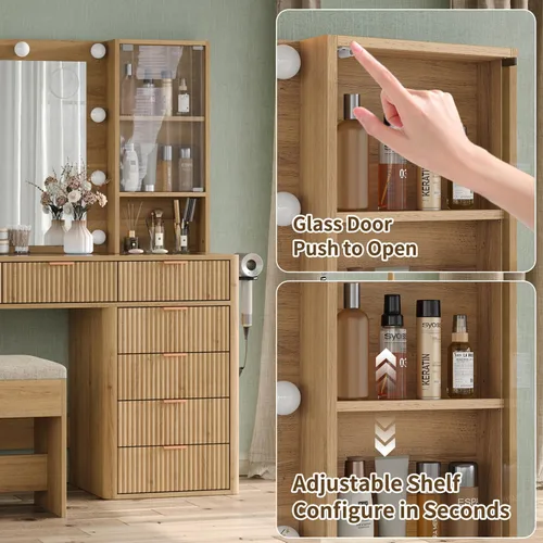 Miniatura 7 de Yanosaku Tocador estriado de 47 pulgadas con espejo y luces LED, tocador de maquillaje de 7 cajones con superficie de vidrio y gabinete, tocador