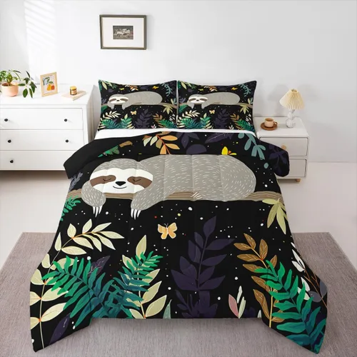 Feelyou Juego de edredón de perezoso lindo juego de ropa de cama para niños y niñas, juego de edredón de mariposa de galaxia, hojas botánicas,