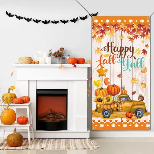 Miniatura 4 de SENSEVEN Cartel de puerta con texto en inglés "Happy Fall Y'all", cartel grande de bienvenida para el porche de Acción de Gracias, decoración