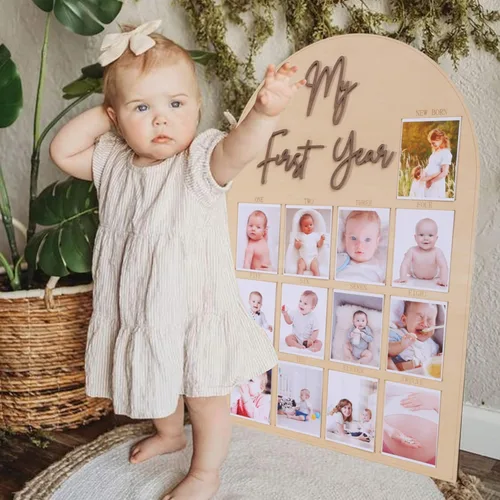 Miniatura 3 de Tablero de fotos de madera de un año, tablero de hitos del mes del primer año, decoraciones de primer cumpleaños para niña/niño, pancarta de 12 meses