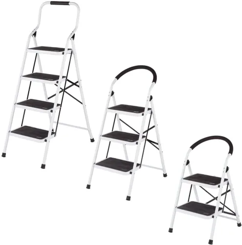 Miniatura 6 de LivingSURE Combo de taburete de escalera de 3 escalones con asa, taburete plegable antideslizante, escalera de pedal extra ancha resistente