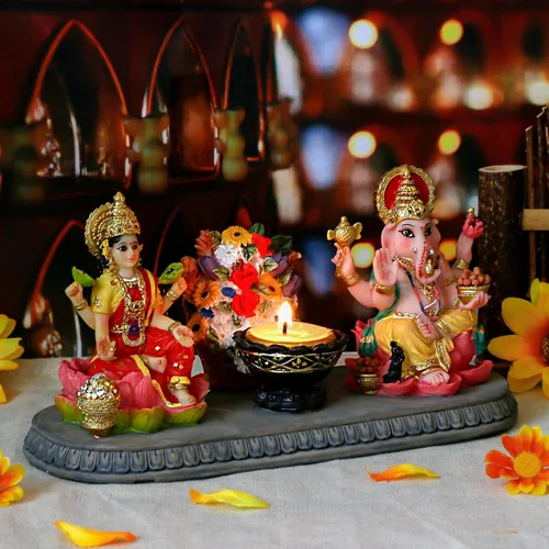 Miniatura 3 de BangBangDa Lakshmi - Estatua de Ganesha con Diya – 4.1 pulgadas de alto, diosa hindú de Polystone Laxmi e ídolo Ganesa para Diwali/Año