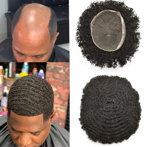 Miniatura 12 de Afro Toupee Full French Lace Man Weave Unidad de cabello 100% virgen humano rizado rizado unidades de repuesto para hombres negros, 8 x 10 pulgadas