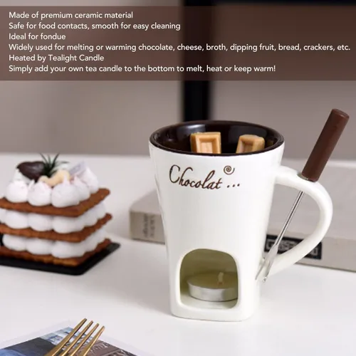 Miniatura 5 de Taza de fondue de chocolate, taza de cerámica para fondue, taza calentadora de café con tenedor de acero inoxidable para queso, mantequilla (blanco)