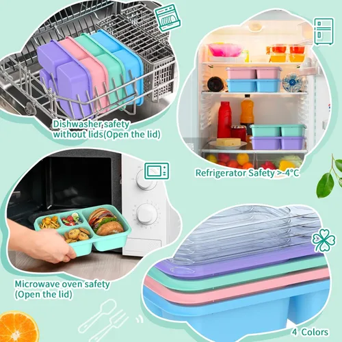 Miniatura 6 de Lonchera Bento – Paquete de 4 recipientes de preparación de comidas de 4 compartimentos, fiambrera para adultos, apta para microondas y lavavajillas