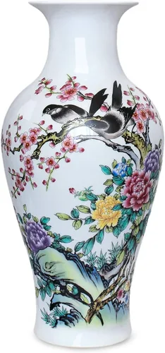 Miniatura 12 de Dahlia Famille - Florero de rosa, hecho a mano, porcelana china, pájaros en peonía, forma de botella china de 8.5 pulgadas
