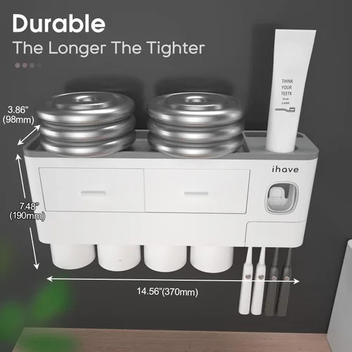Miniatura 3 de iHave Portacepillos de dientes para baños, 4 tazas de soporte para cepillos de dientes montado en la pared con dispensador de pasta de dientes