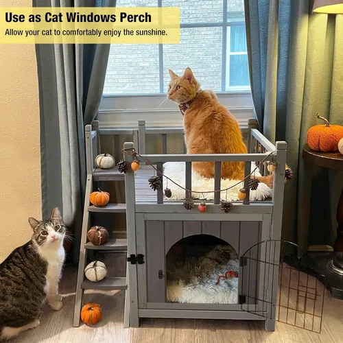 Miniatura 4 de Aivituvin Casa para gatos al aire libre con puerta de alambre con cerradura, refugio de madera para perros, condominio para interiores con balcón