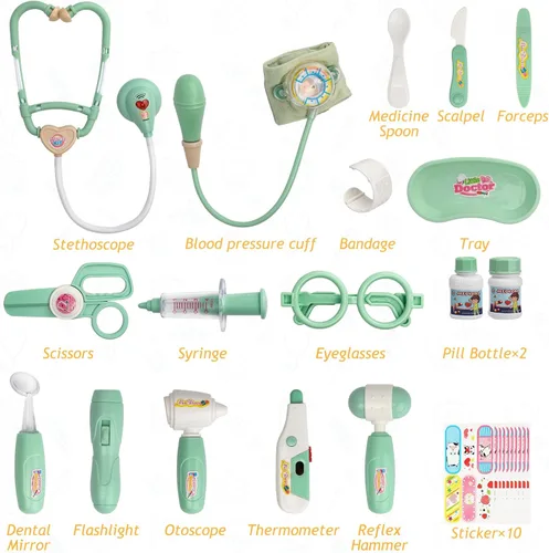 Miniatura 7 de Liberry Kit médico para niños pequeños de 3, 4, 5 años, 30 piezas de juguete médico con estetoscopio, disfraz, juego médico verde, regalo