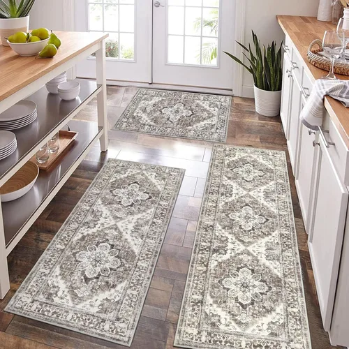 Miniatura 9 de Bsmathom - Juego de alfombras de cocina de estilo rústico de 3 piezas con corredor, alfombras de cocina antideslizantes y lavables, alfombras