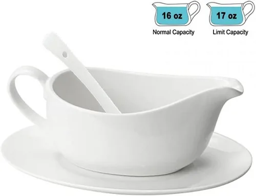 Miniatura 3 de Qlans Salsera con Cucharón y Platillo de 17 Oz, Salsera de Cerámica con Bandeja para Aderezos de Ensalada, Leche, Salsas Calientes, Crema, Caldo, 1
