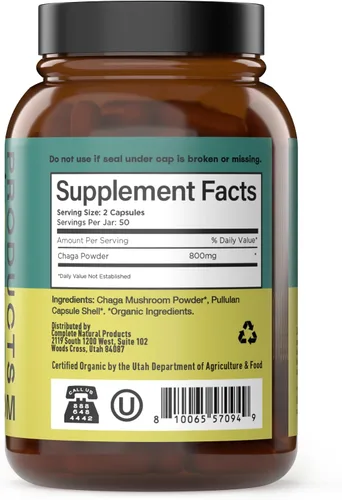 Miniatura 3 de Complete Natural Products Cápsulas orgánicas de hongos Chaga - 100 unidades, poder antioxidante orgánico, refuerzo inmunológico, apoyo intestinal