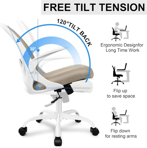 Miniatura 5 de Primy Silla de Oficina Ergonómica Silla de Escritorio con Reposabrazos Abatibles Silla Giratoria de Escritorio de Malla Transpirable para Caqui