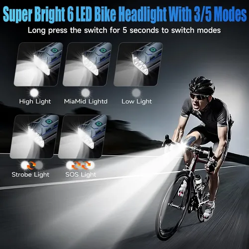 Miniatura 2 de 2026 Upgrade 6800Lumen Bike Light for Night Riding,Super Bright 6 LED Headlight,Aluminum 10 Mode Rechargeable Bicycle Light Front and Azul