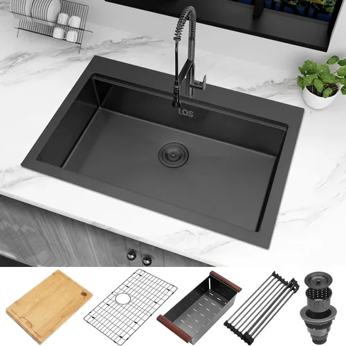 Miniatura 8 de LQS Fregadero de cocina negro con caída de 33 x 22 pulgadas, fregadero de acero inoxidable calibre 16, fregadero profundo y grande con estación