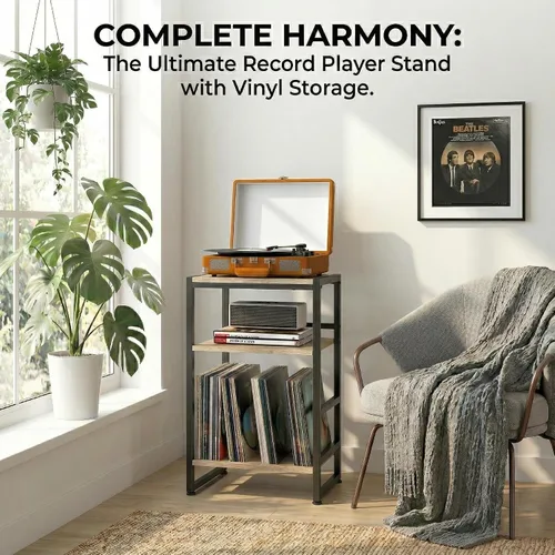 Miniatura 10 de Soporte para tocadiscos de vinilo de 3 niveles, mesa auxiliar para almacenamiento de álbumes, soporte para tocadiscos de 28 pulgadas de alto