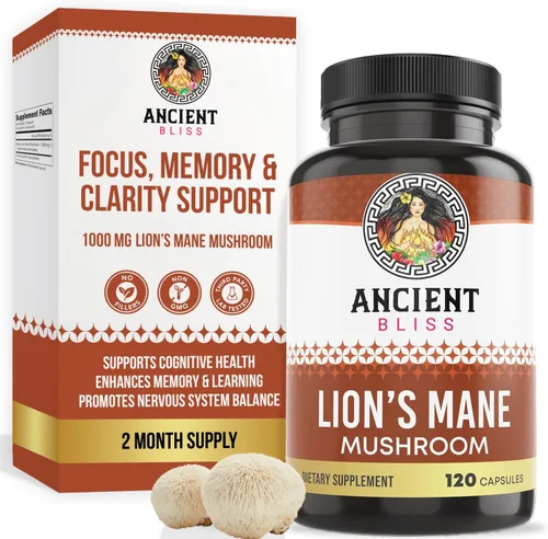 Ancient Bliss Suplemento de melena de león (suministro de 2 meses)- 120 cápsulas veganas de hongos, puede apoyar la claridad mental, la energía y la