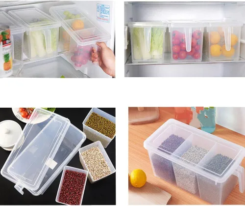 Miniatura 4 de Paquete de 2 recipientes de almacenamiento de plástico divididos para verduras con tapas y asas para almacenamiento de refrigerador, cajas