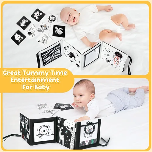 Miniatura 6 de URMYWO Juguetes con espejo para tiempo boca abajo, tarjetas de aprendizaje con estimulación visual, juguetes para bebés de alto contraste en blanco
