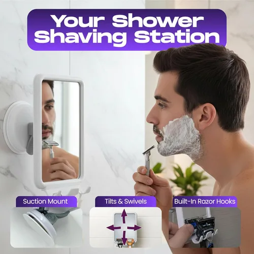 Miniatura 2 de Safe-er-Grip Changing Lifestyles - Espejo de ducha montado en succión sin niebla, espejo de afeitar giratorio de 360° con 2 ganchos de afeitar