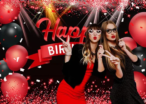 Miniatura 3 de AIIKES Telón de fondo de feliz cumpleaños de 7 x 5 pies con globos rojos con purpurina para niñas y mujeres, decoración de fiesta de fotografía