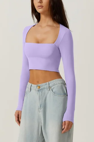 Miniatura 2 de QINSEN Camiseta corta sexy de manga larga con cuello cuadrado para mujer