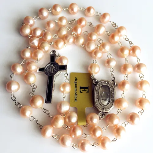 Miniatura 8 de elegantmedical hecho a mano caja de agua dulce perlas Lourdes Medalla Rosario Collar Cruz Católica de agua rosa