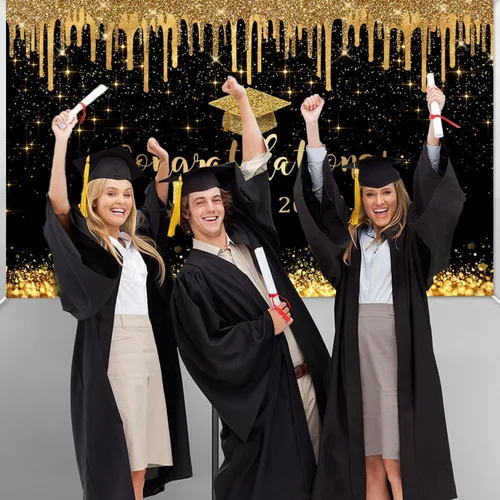 Miniatura 4 de Mocsicka Fondo de graduación de 7 x 5 pies 2026, decoraciones de graduación negro y dorado, pancarta de felicitaciones de graduación 2026, fondo