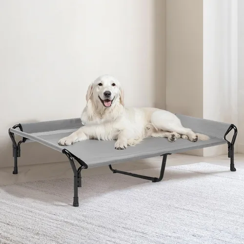 Miniatura 7 de Veehoo Cama elevada refrescante para perros, cuna elevada XL para mascotas con barandilla y reposacabezas inclinado, malla Teslin transpirable Gris