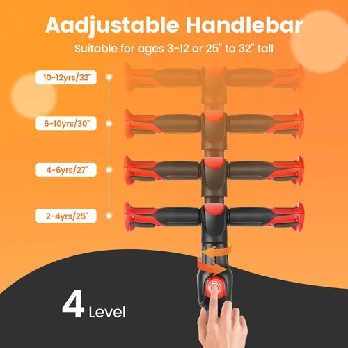 Miniatura 2 de TONBUX Patinete para niños de 3 a 12 años, patinete para niños pequeños con 4 alturas ajustables, patinete de 3 ruedas con luces, diseño de Rojo