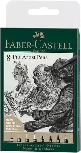 Faber-Castell Pluma artística PITT con tinta india - paquete de 8 - color 199 negro - XXS, S, F, M, B, C, 1.5, Fude Hard, (167158)