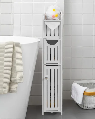 AOJEZOR Gabinete de almacenamiento de baño: gabinete de almacenamiento de baño pequeño - Soporte de papel higiénico apto para Mega Roll, Blanco