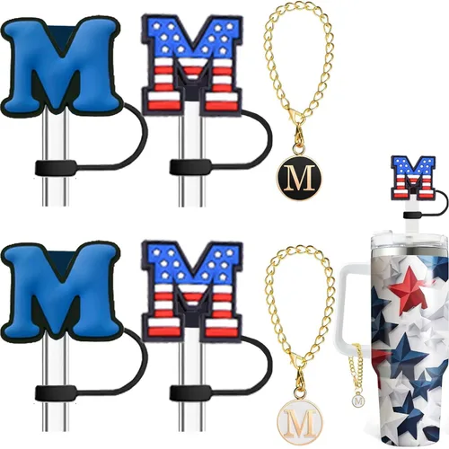 Haundry Paquete de 4 fundas de popote para vaso Stanley, reutilizable, de 0.394 pulgadas con 2 piezas de dije de letra inicial, accesorios para copa
