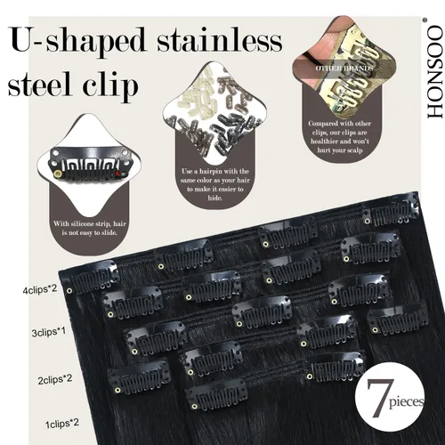 Miniatura 3 de Honsoo 120g Extensiones de cabello humano real con clip, color negro azabache para mujeres negras, 14 pulgadas, 7 piezas, extensiones de cabello