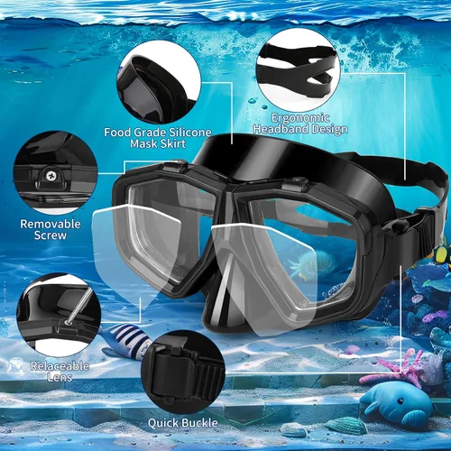 Miniatura 3 de Equipo de esnórquel miope reemplazable para adultos y jóvenes, máscara de buceo antivaho miope y esnórquel de silicona con parte superior seca