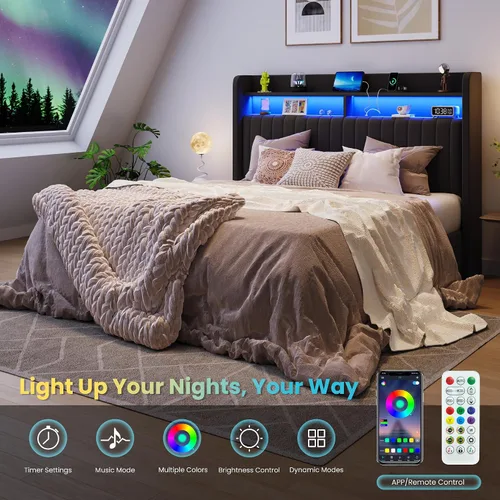 Miniatura 5 de SHA CERLIN - Estructura de cama de tamaño matrimonial con almacenamiento elevado/Luces LED/Estación de carga/Cabecero con estantes de 2 niveles/USB