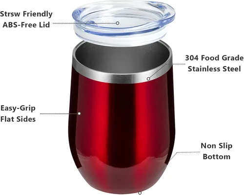 Miniatura 8 de MEWAY Vaso de vino sin tallo de 12 onzas con tapa, vaso de viaje de acero inoxidable con aislamiento de doble pared al vacío con popote, para Borgoña