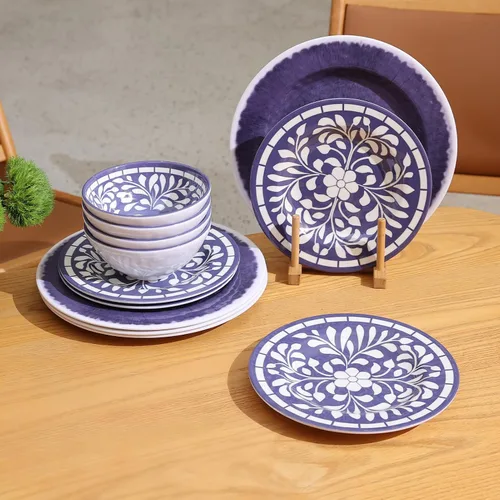Miniatura 10 de Juego de vajilla de melamina Yinshine - 12 piezas de platos y tazones para 4, juego de platos y tazones para uso en interiores y exteriores - Apto